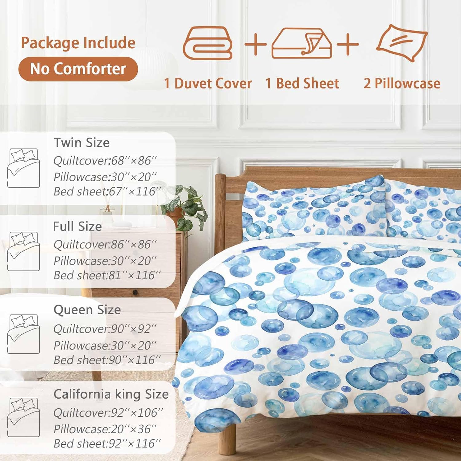 Prime Leader Blue Bubbles Duvet Cover Set Queen Size 4 Pieces Watercolor Gradient Bubble Summer Ocean Bedding Set with Zipper Closure, 1 Comforter Cover 90x92 Inches 1 Flat Sheet & 2 Pillow Cases
