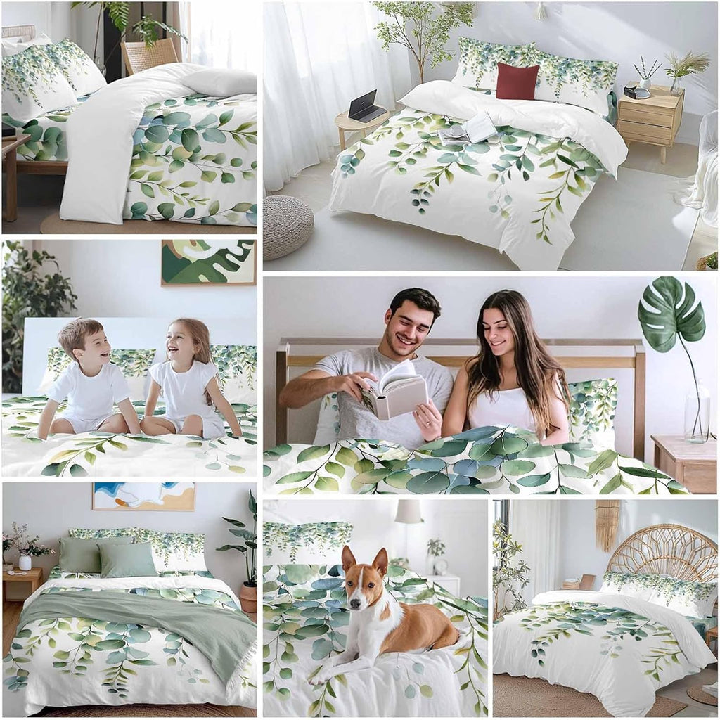 Prime Leader Green Leaves Duvet Cover Set Queen Size 4 Pieces Eucalyptus Leaf Watercolor Plant Botanical Bedding Set with Zipper Closure, 1 Comforter Cover 92x106 Inches 1 Flat Sheet & 2 Pillow Cases