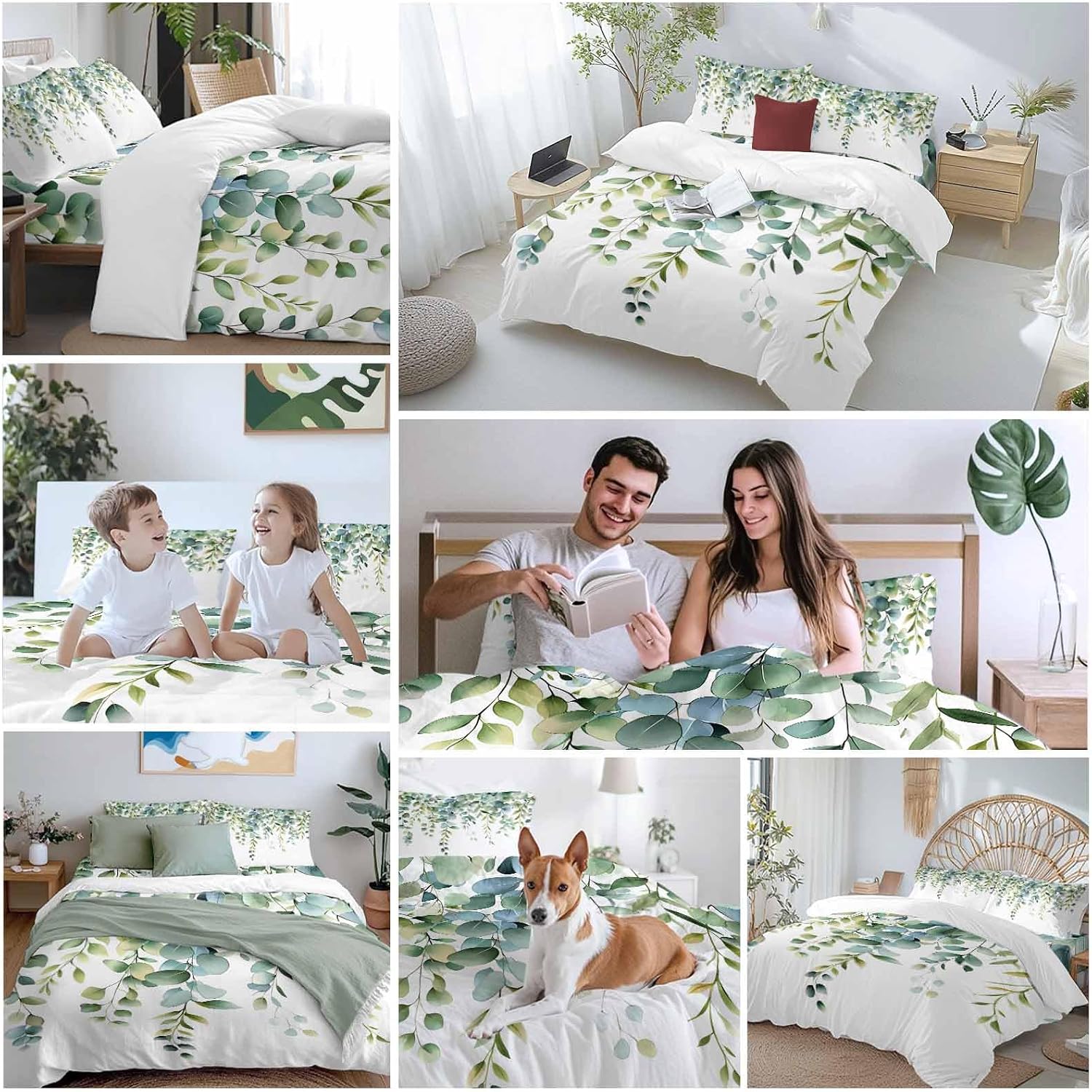 Prime Leader Green Leaves Duvet Cover Set Queen Size 4 Pieces Eucalyptus Leaf Watercolor Plant Botanical Bedding Set with Zipper Closure, 1 Comforter Cover 92x106 Inches 1 Flat Sheet & 2 Pillow Cases
