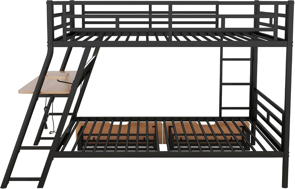 Full Size Metal Bunk Bed with Built-in Desk,Bed Frame W/Light Strip and 2 Large-Capacity Storage Drawers,for Bedroom,Apartment,Guest Room,Black
