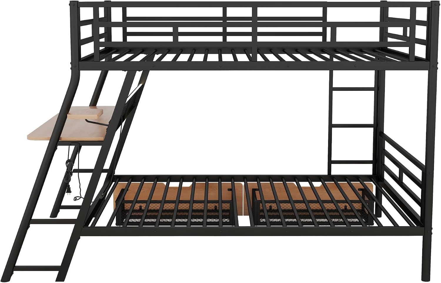 Full Size Metal Bunk Bed with Built-in Desk,Bed Frame W/Light Strip and 2 Large-Capacity Storage Drawers,for Bedroom,Apartment,Guest Room,Black