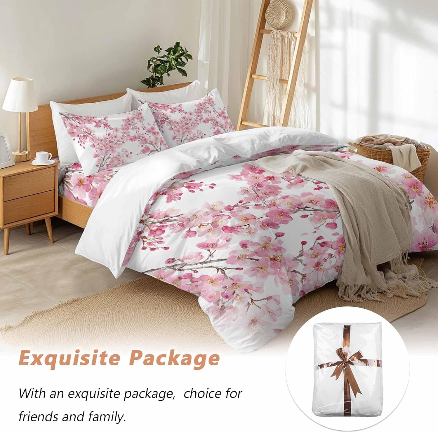 Spring Cherry Blossoms Duvet Cover Set Queen Size 4 Pieces Pink Flowers Branch Watercolor Plant Bedding Set with Zipper Closure, 1 Comforter Cover 86x86 Inches 1 Flat Sheet & 2 Pillow Cases