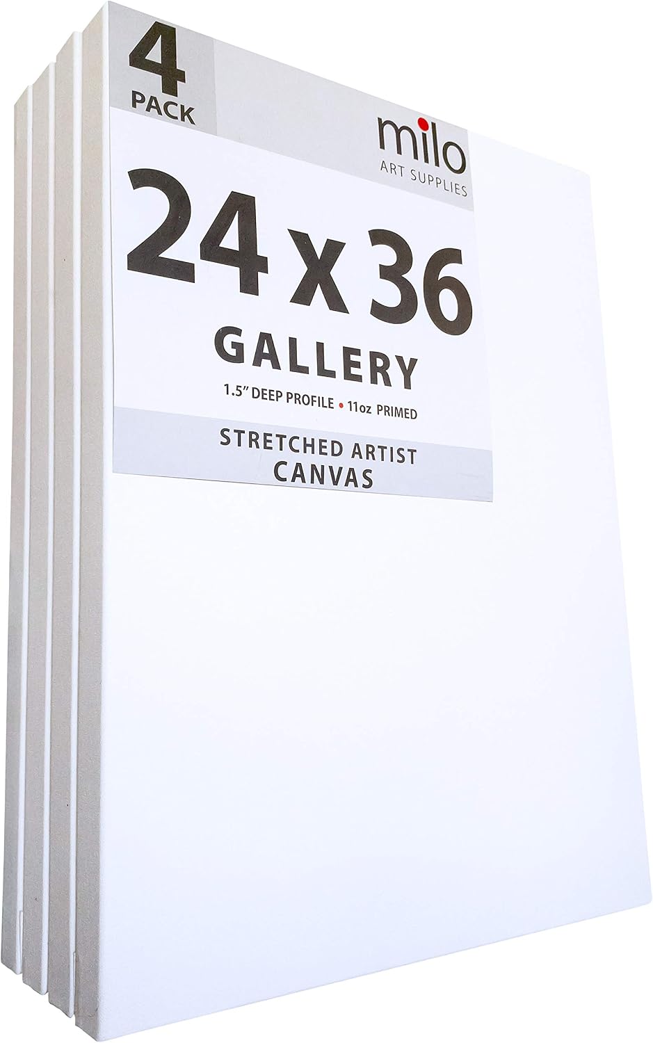 milo Stretched Artist Canvas | 24x36 inches | 4 Pack | 1.5' inch Thick Gallery Profile | 11 oz Primed Large Canvases for Painting, Ready to Paint Art Supplies for Acrylic, Oil