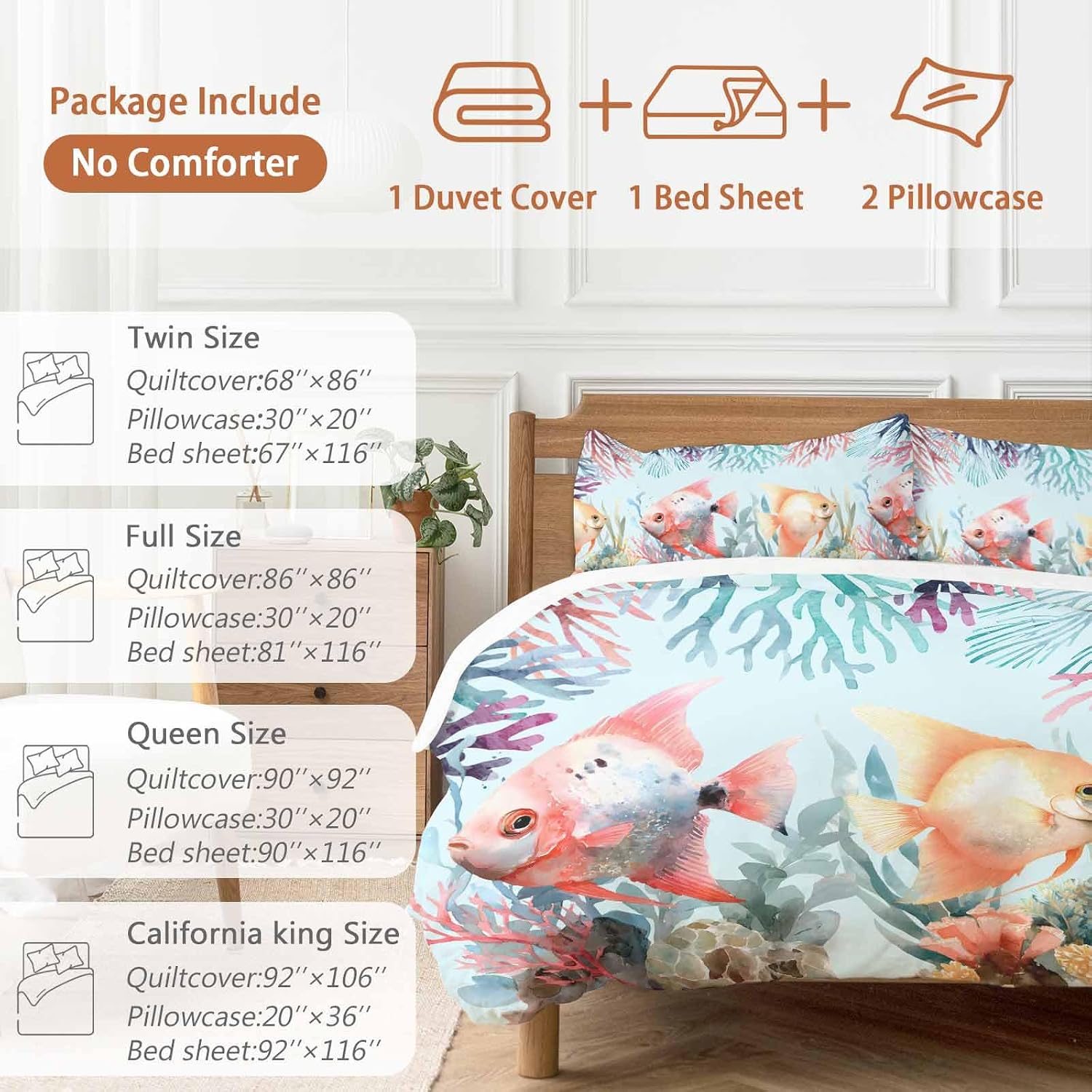 Summer Fish Duvet Cover Set Queen Size 4 Pieces Nautical Watercolor Orange Red Marine Life Coral Seaweed Bedding Set with Zipper Closure, 1 Comforter Cover 92x106 Inches 1 Flat Sheet & 2 Pillow Cases