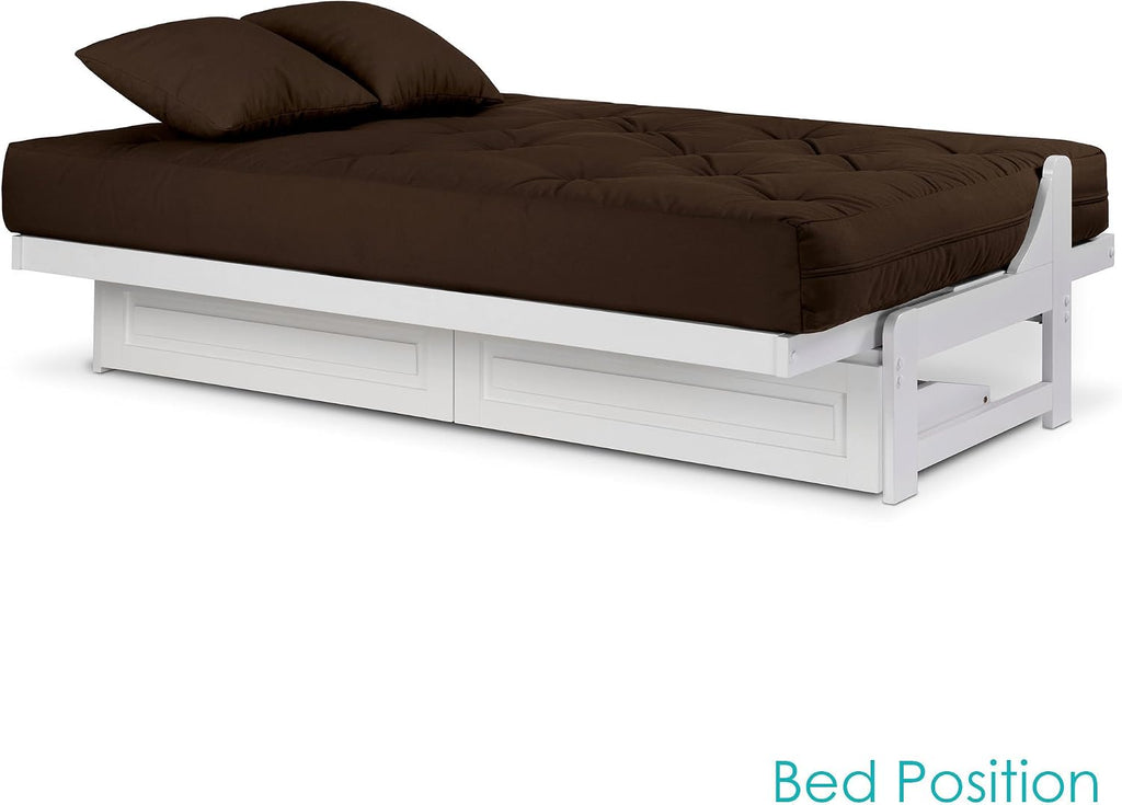 Nirvana Futons Arden Armless Futon Set with Storage Drawers - Includes White Full Size Frame and Microfiber Fudge Mattress