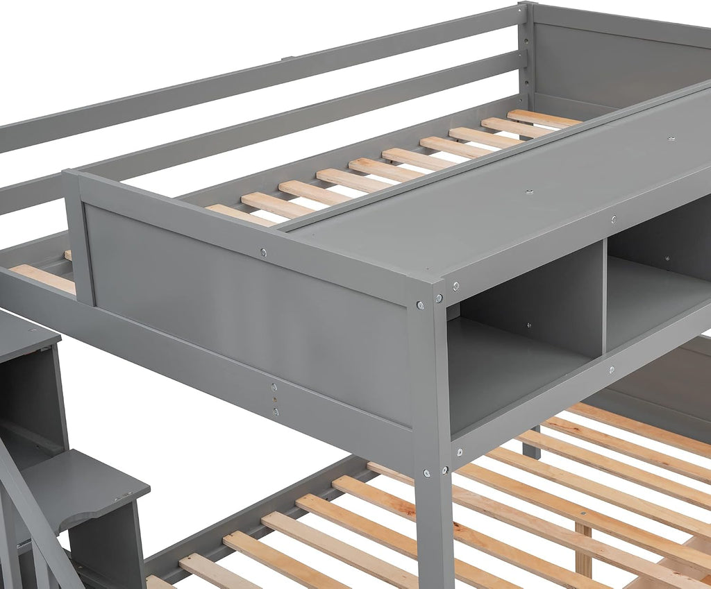 Twin Over Full Bunk Bed with Shelfs,Storage Staircase and 2 Drawers,Bedroom Solid Wood Bed Frame w/Full-Length Guardrail,Slat Support,for Kid Boy Girl Teen,Gray