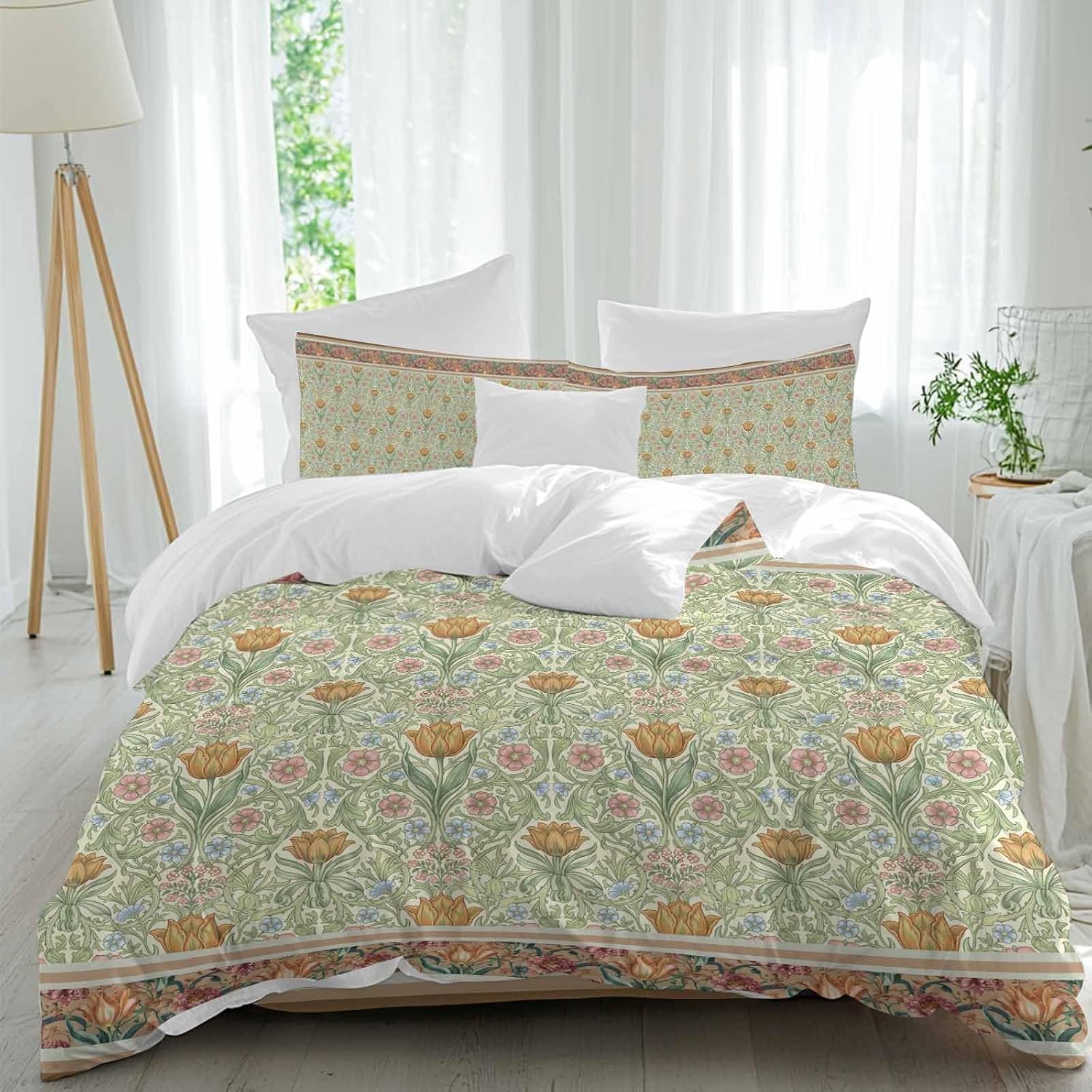 Prime Leader Flowers Duvet Cover Set Queen Size 4 Pieces Ethnic Abstract Yellow Pink Floral Green Leaf Bedding Set with Zipper Closure, 1 Comforter Cover 86x86 Inches 1 Flat Sheet & 2 Pillow Cases