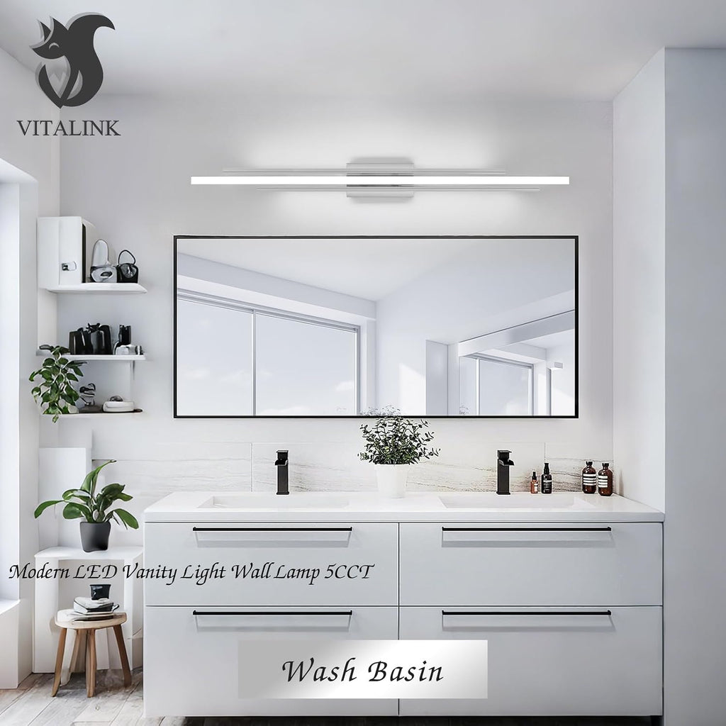 VitaLink 48 Inches Long Nickel LED Modern Bathroom Vanity Light Fixtures 25W Dimmable 5CCT Vanity Light Bar Over Mirror 3-Light Wall Light for Bathroom Over Mirror Picture Light
