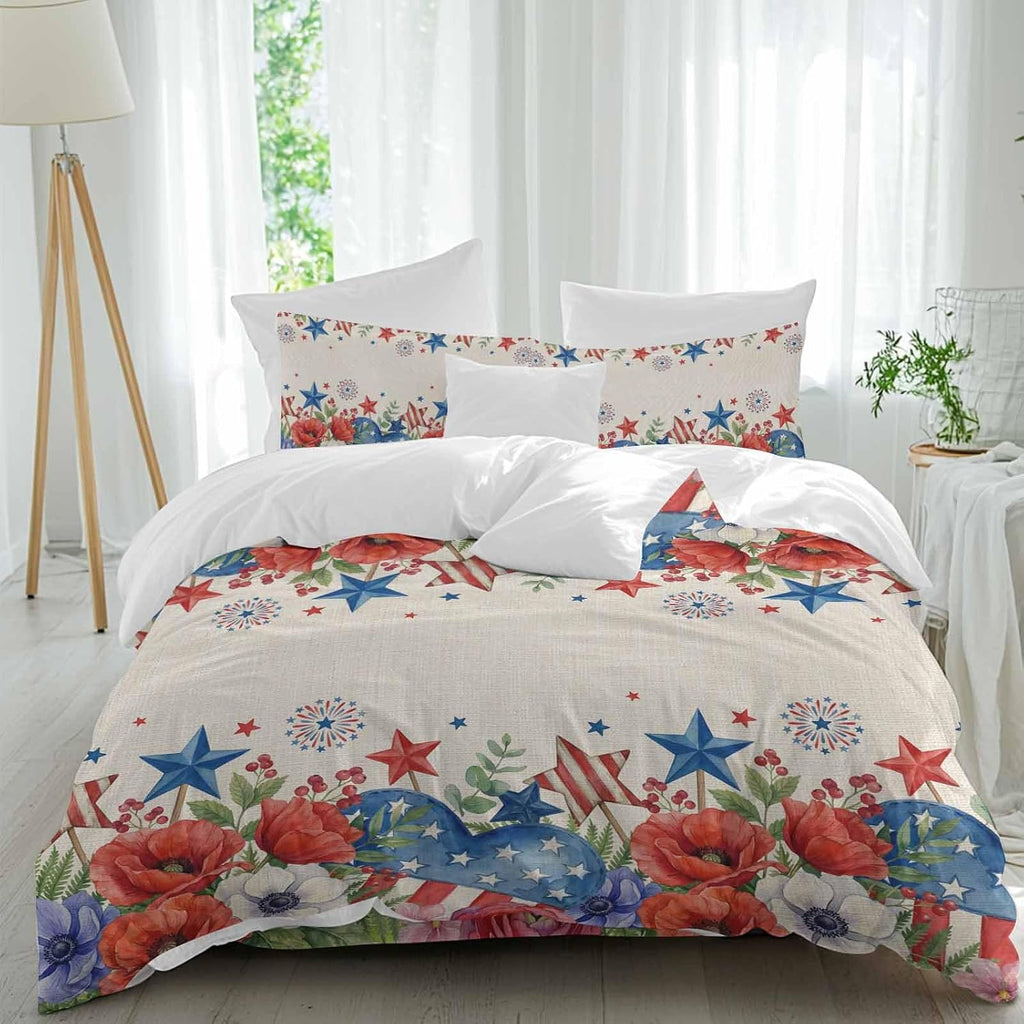 Independence Day Duvet Cover Set Queen Size 4 Pieces Blue Red White Floral Flower Love Heart Retro Bedding Set with Zipper Closure, 1 Comforter Cover 92x106 Inches 1 Flat Sheet & 2 Pillow Cases