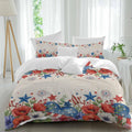 Independence Day Duvet Cover Set Queen Size 4 Pieces Blue Red White Floral Flower Love Heart Retro Bedding Set with Zipper Closure, 1 Comforter Cover 92x106 Inches 1 Flat Sheet & 2 Pillow Cases
