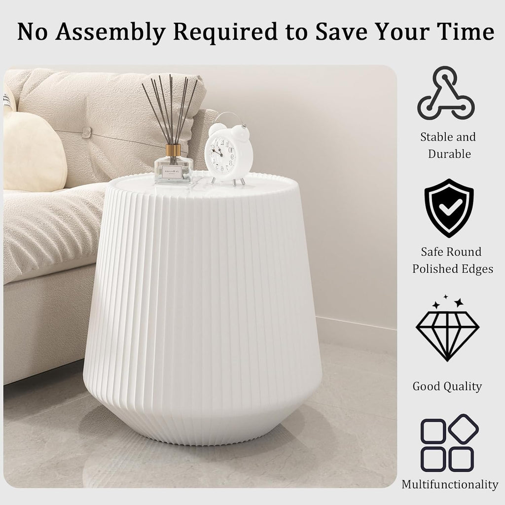 19.68' White Round Coffee Table, Drum Coffee Table with Sintered Stone Tabletop and Fluted PU Leather Covered and Stable Base, Circle Cocktail Tea Table for Living Room