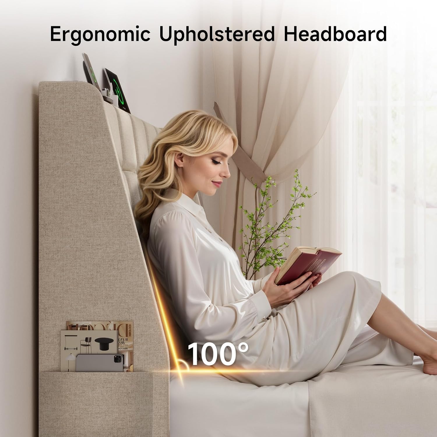 Ergonomic Upholstered Headboard Full Size w/Charging Station, Linen Wingback Headboards w/Storage Pocket, Full Headboard Only, Bed Frame Adapters, Sturdy Stable Solid Wood Bed Head Board, Beige