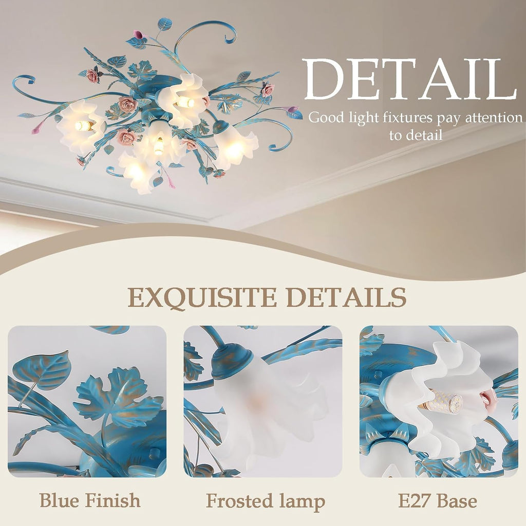 Flower Chandelier Ceiling Light,5-Light Pink Ceramic Rose Ceiling Lamp with Glass Lampshade,Flush Mount Ceiling Light Fixture for Living Room,Bedroom,Dinning Room,Hallway,Kitchen,Turquoise.