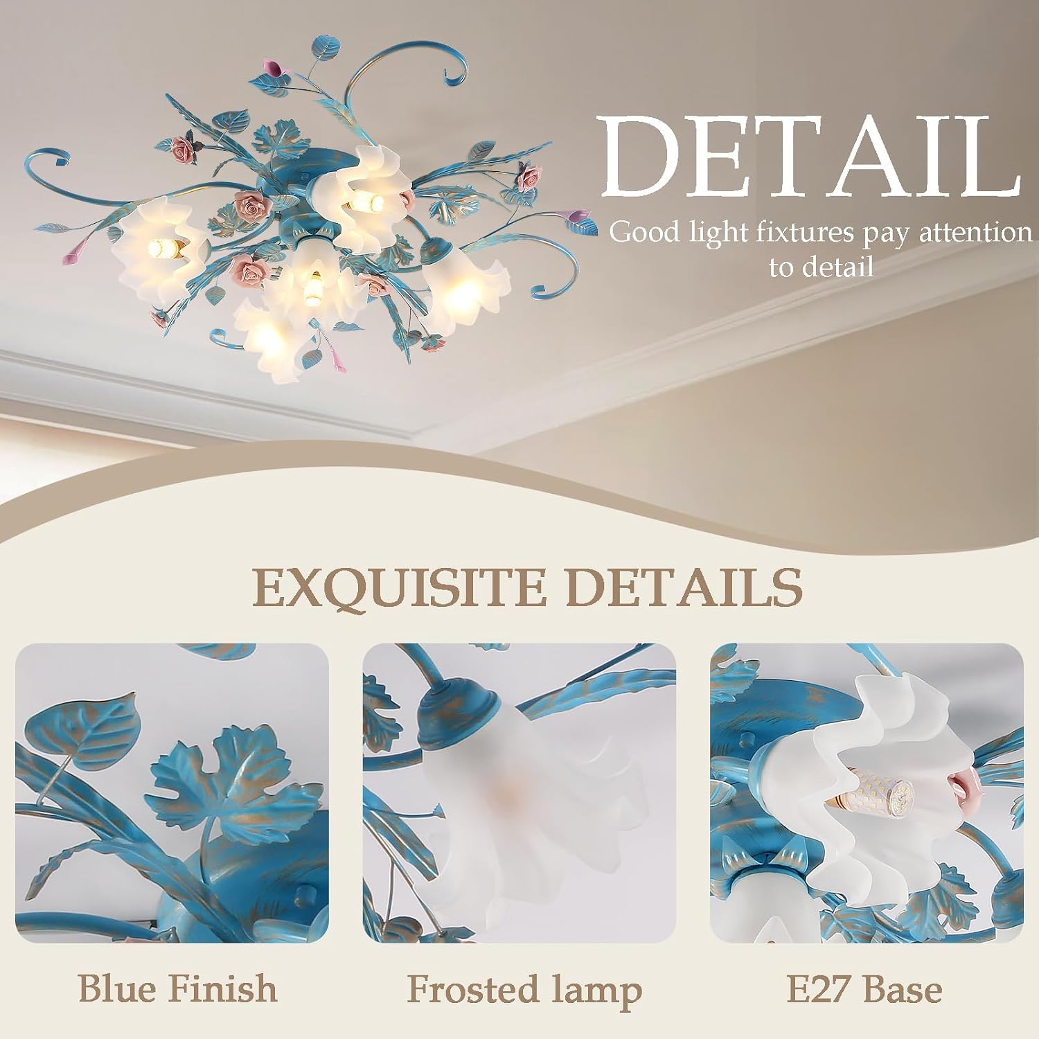 Flower Chandelier Ceiling Light,5-Light Pink Ceramic Rose Ceiling Lamp with Glass Lampshade,Flush Mount Ceiling Light Fixture for Living Room,Bedroom,Dinning Room,Hallway,Kitchen,Turquoise.