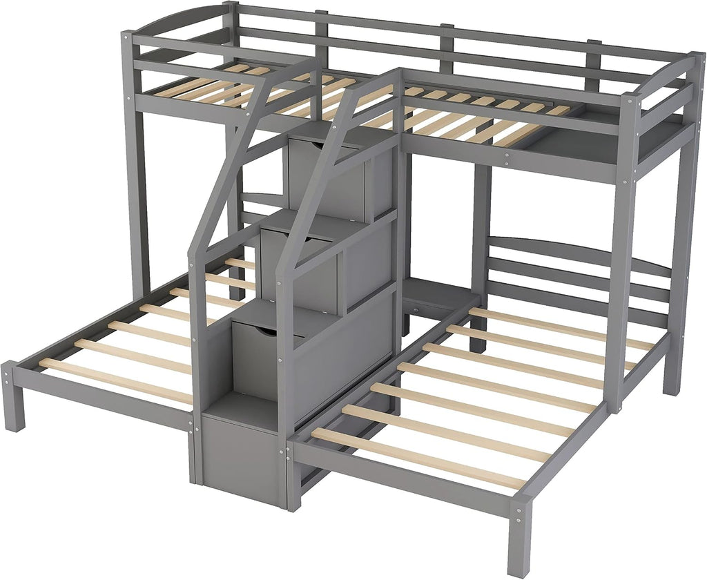 VilroCaz Twin Size Triple Bunk Bed with Built-in Staircase and Storage Drawer, Solid Wood Bunk Bed Frame with Safety Full-Length Guardrail for 3, Bedroom Guest Room Home Furniture (Gray)