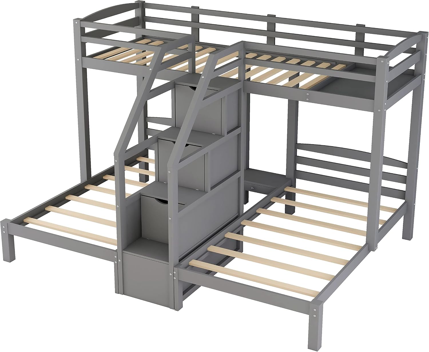 VilroCaz Twin Size Triple Bunk Bed with Built-in Staircase and Storage Drawer, Solid Wood Bunk Bed Frame with Safety Full-Length Guardrail for 3, Bedroom Guest Room Home Furniture (Gray)