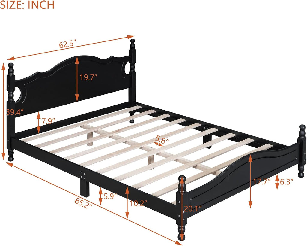 Solid Wood Bed Frame Queen Size, Wooden Retro Style Platform Bed Frame with Headboard and Footboard, Heavy Duty Bed Frame with 10 Wood Slats Support,No Box Spring Needed,Noiseless (Black, Queen)