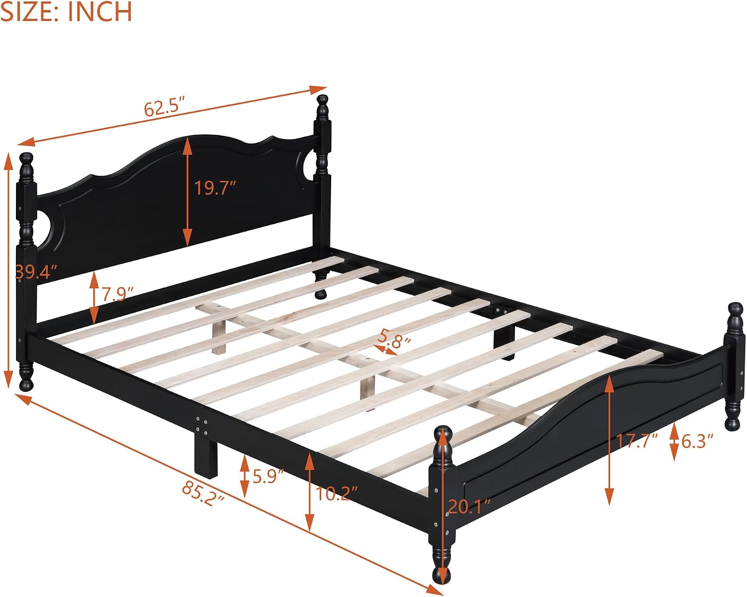 Solid Wood Bed Frame Queen Size, Wooden Retro Style Platform Bed Frame with Headboard and Footboard, Heavy Duty Bed Frame with 10 Wood Slats Support,No Box Spring Needed,Noiseless (Black, Queen)