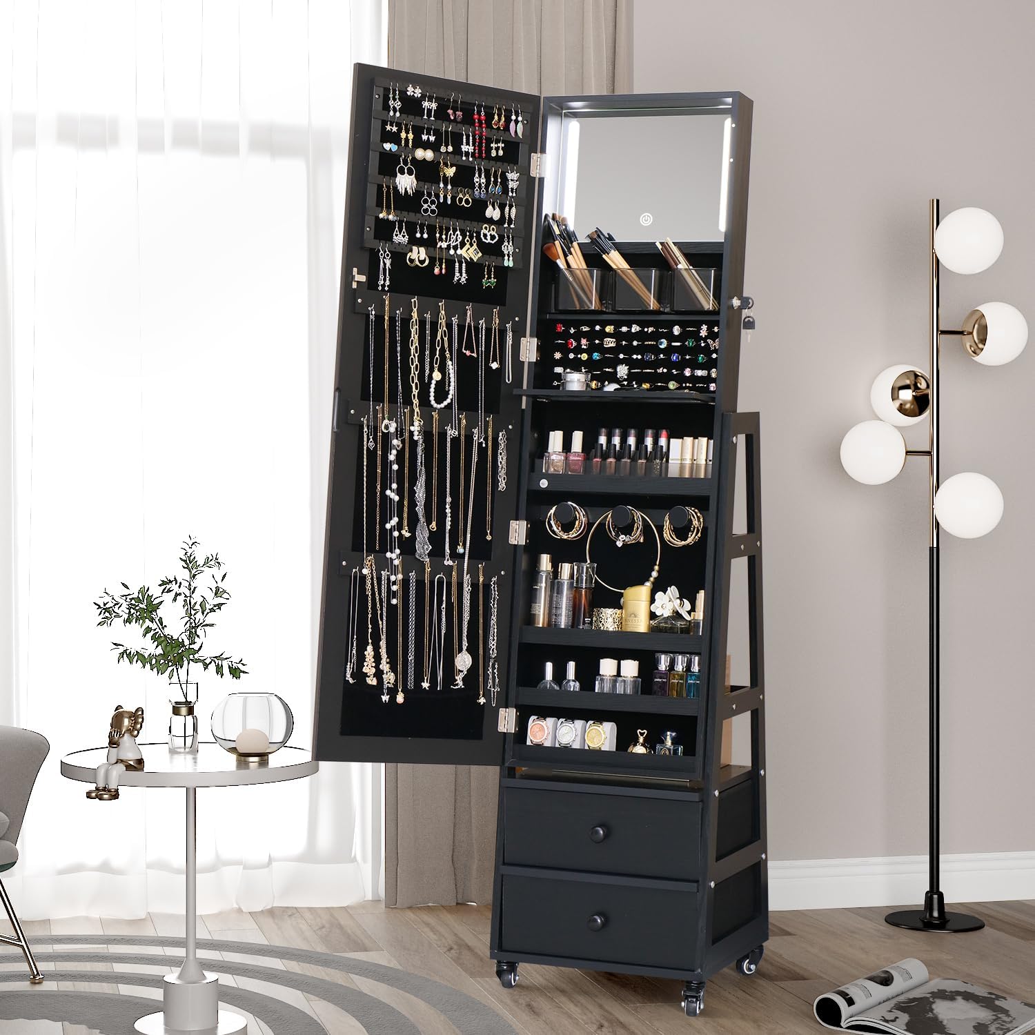 Jewelry Cabinet with Standing Mirror Lockable Full Length Mirror with Drawers Jewelry Organizer Armoire with Wheels,Floor Mirror with Back Storage Shelves for Bedroom Christmas Gift for Friend Black