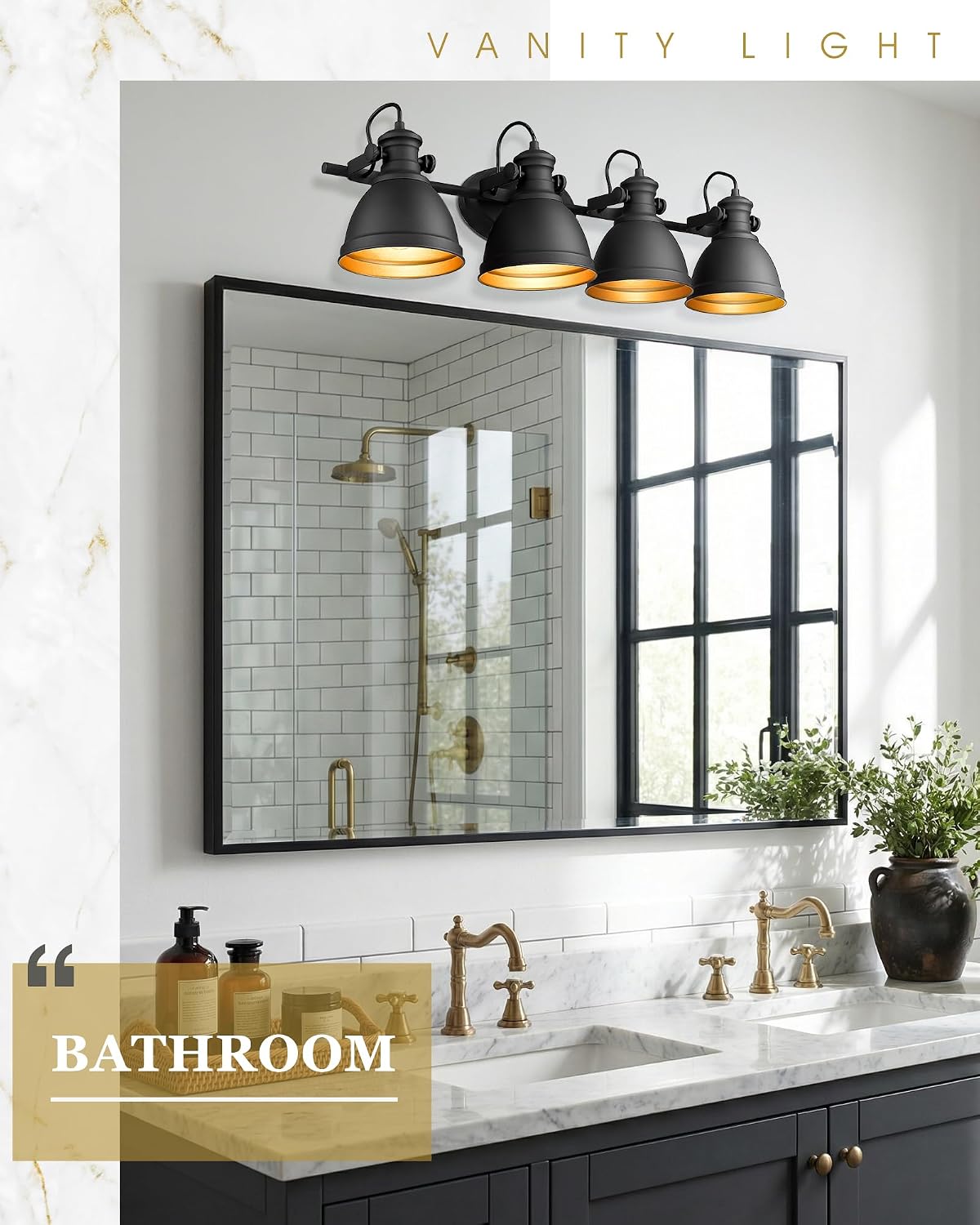 Bathroom Light Fixtures, 4-Light Industrial Vanity Lights with Black Metal Shade, Rustic Bathroom Lighting Fixtures Over Mirror, Wall Mounted, AD-2151-4W