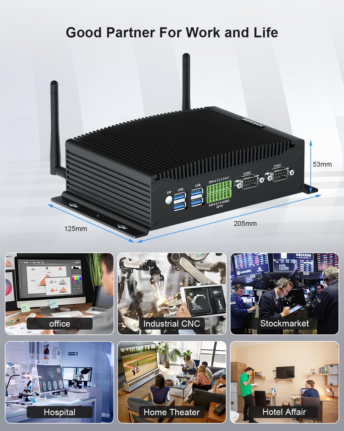 WEIDIAN Industrial PC, Fanless Mini PC, Core i5 10210U (up to 4.20 GHz), 2HD+DP Triple Display, 2RS232/RS422/RS485 COM, 2RJ45 LAN, 6USB, GPIO, WiFi, BT, Win11, Linux, Ubuntu(16GB RAM 512GB SSD)