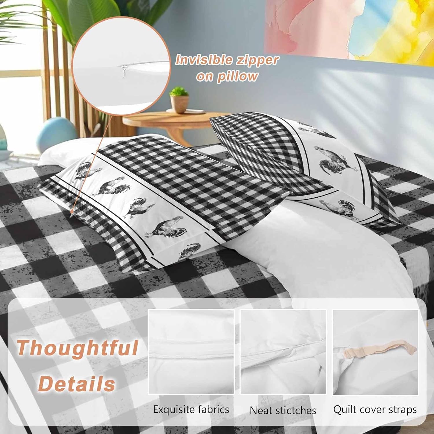 Prime Leader Vintage Black Plaid Duvet Cover Set Queen Size 4 Pieces Farm Cock Chicken Animal Watercolor Bedding Set with Zipper Closure, 1 Comforter Cover 92x106 Inches 1 Flat Sheet & 2 Pillow Cases