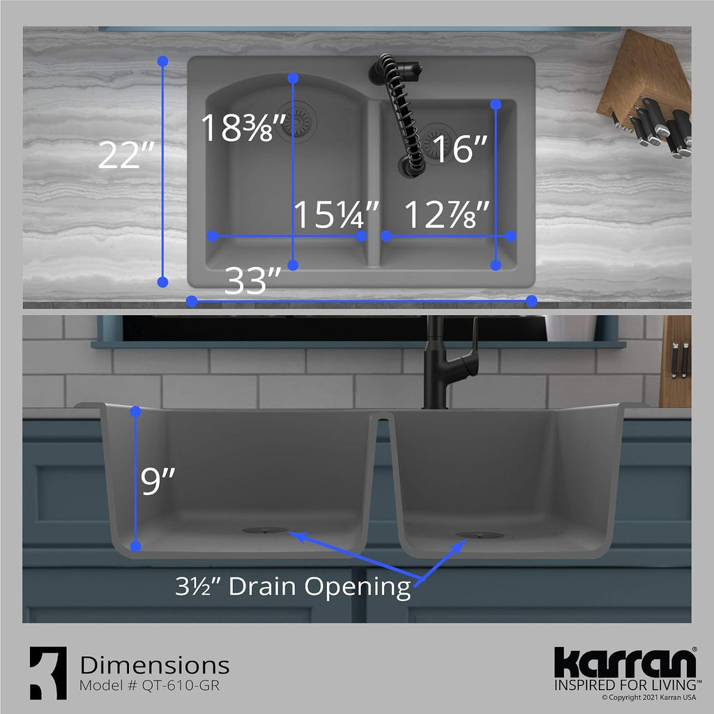 Karran 33' Drop-In/Top Mount Quartz Composite 1-Hole 60/40 Double Bowl Kitchen Sink in Grey