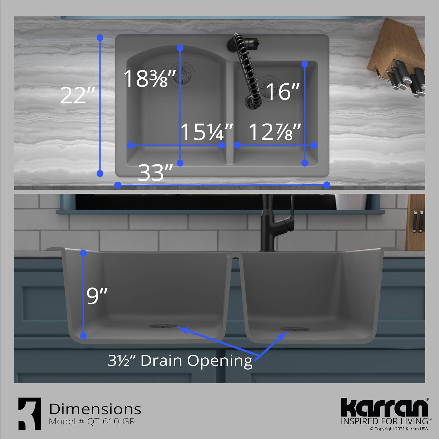 Karran 33' Drop-In/Top Mount Quartz Composite 1-Hole 60/40 Double Bowl Kitchen Sink in Grey
