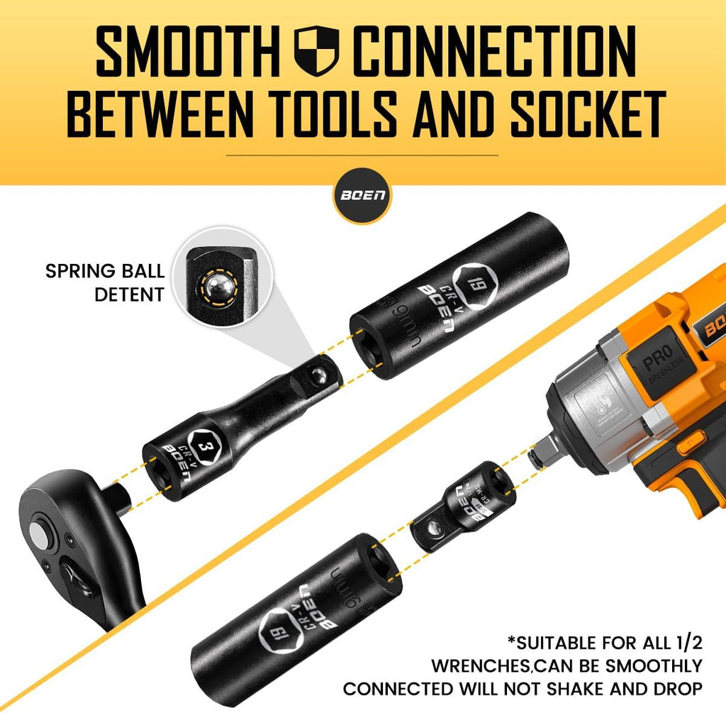 BOEN 1/2' Drive Impact Socket Set, 72 Piece Standard SAE (5/16'-1-1/4') & Metric (8-24 mm), Deep & Shallow Kit | Includes Ratchet Handle & Adapters | 3 ', 5', 10' Extension Bar