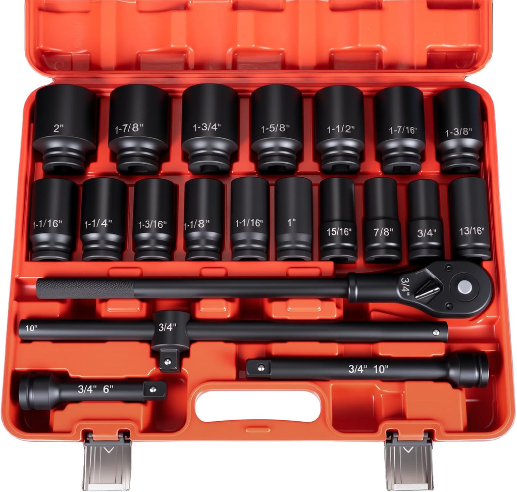 3/4' Drive Impact Socket Set,21-Piece SAE (3/4 to 2 Inch) Sizes with Ratchet handle (24 tooth) Sliding T-head Breaker Bar,Drive Extensions,6-Point,Cr-Mo Alloy Steel,Heavy Duty Storage Case