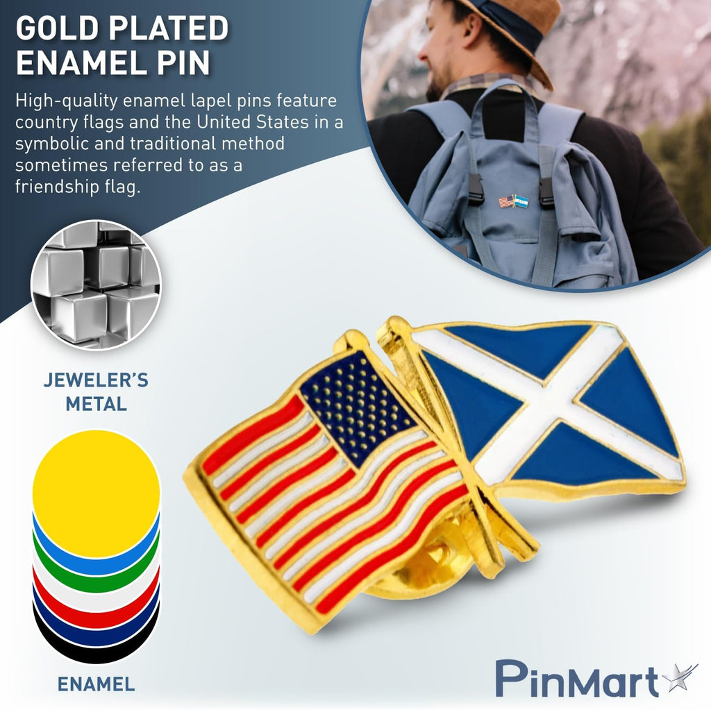PinMart Crossed American Flag Lapel Pin - Gold Color Plated-Color Plated Enamel, USA and World Crossed Flag, Friendship & Unity, Hat, Jacket and Backpack Pins, Collectible, Patriotic Gift, Secure Clutch Back