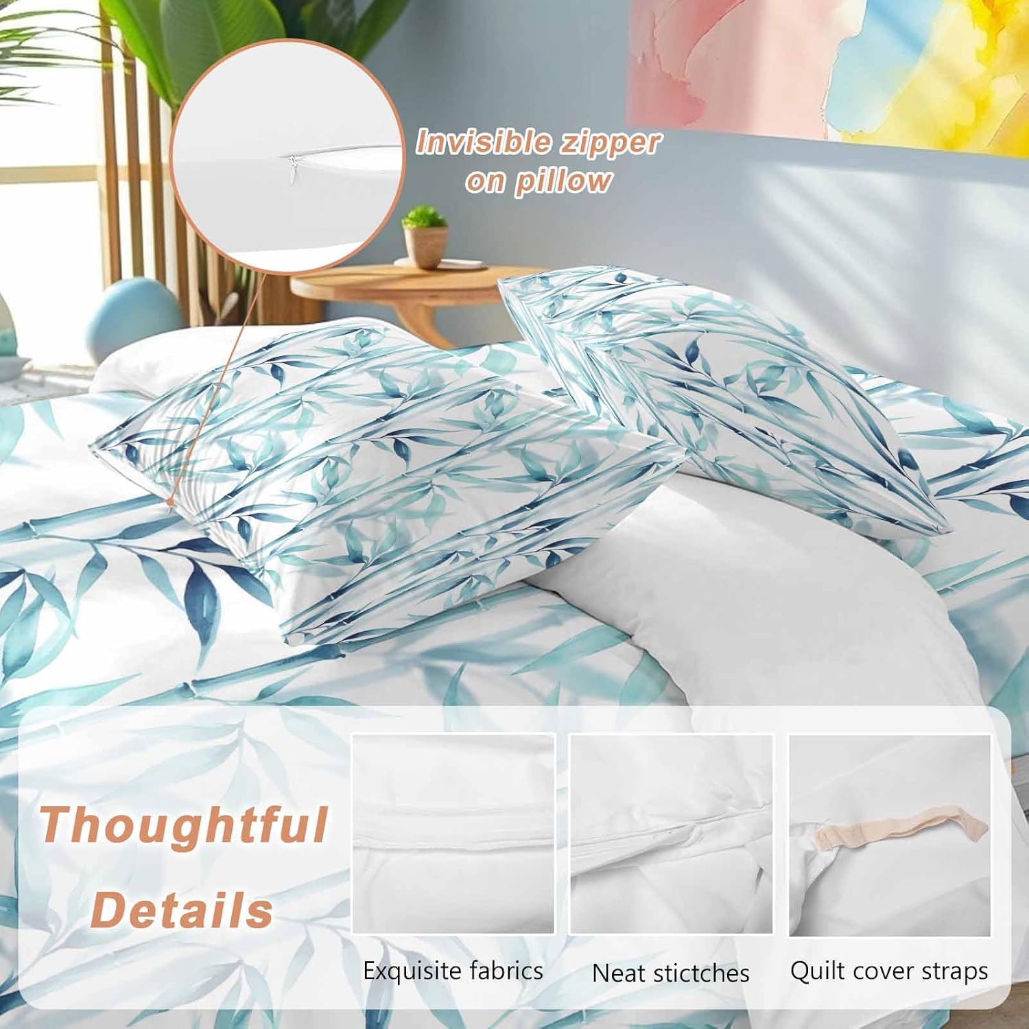 Prime Leader Blue Leaves Duvet Cover Set Queen Size 4 Pieces Minimalist Natural Style Ink Painting Modern Bedding Set with Zipper Closure, 1 Comforter Cover 86x86 Inches 1 Flat Sheet & 2 Pillow Cases