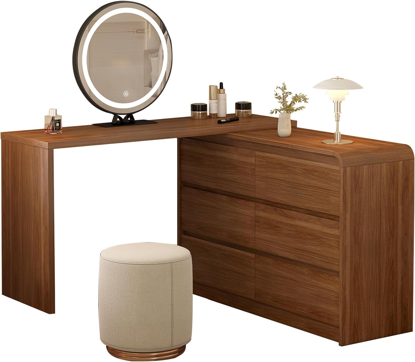 Messenya Makeup Vanity Desk with Full Aluminum HD Lighted Mirror, 50-90in Extendable Modern Vanity Table Set with Chair, 6-Drawer Storage Cabinet with Rounded Corners, Bedroom Dressing Table, Brown