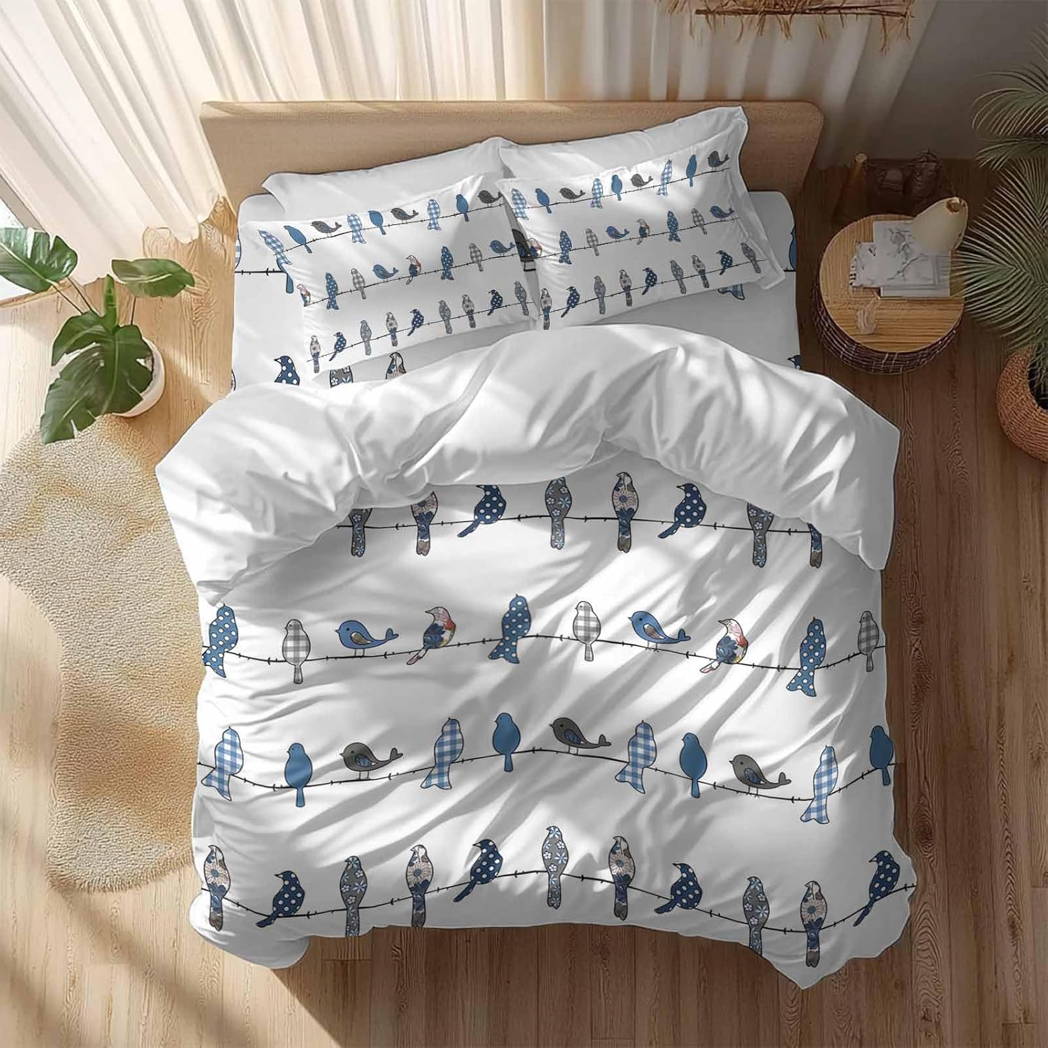 Prime Leader Birds on the Wire Blue Grey Duvet Cover Set Queen Size 4 Pieces Bedding Set with Zipper Closure, 1 Comforter Cover 92x106 Inches 1 Flat Sheet & 2 Pillow Cases