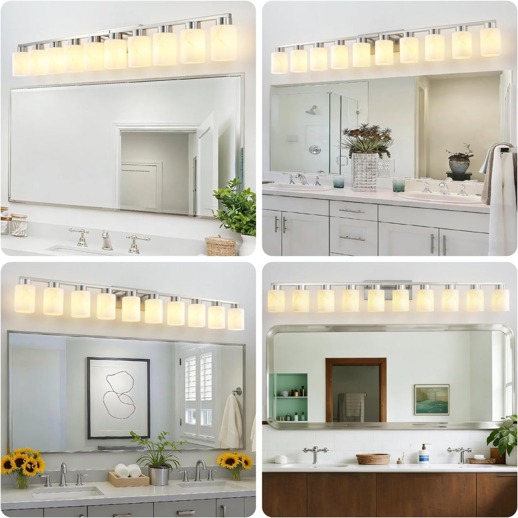 10-Light Bathroom Light Fixtures, Modern Vanity Lights, Brushed Nickel Metal Wall Lamp with White Marble Glass for Bathroom, Mirror, Living Room, Bedroom, Cabinet, Porch, Hallway, E26 Base
