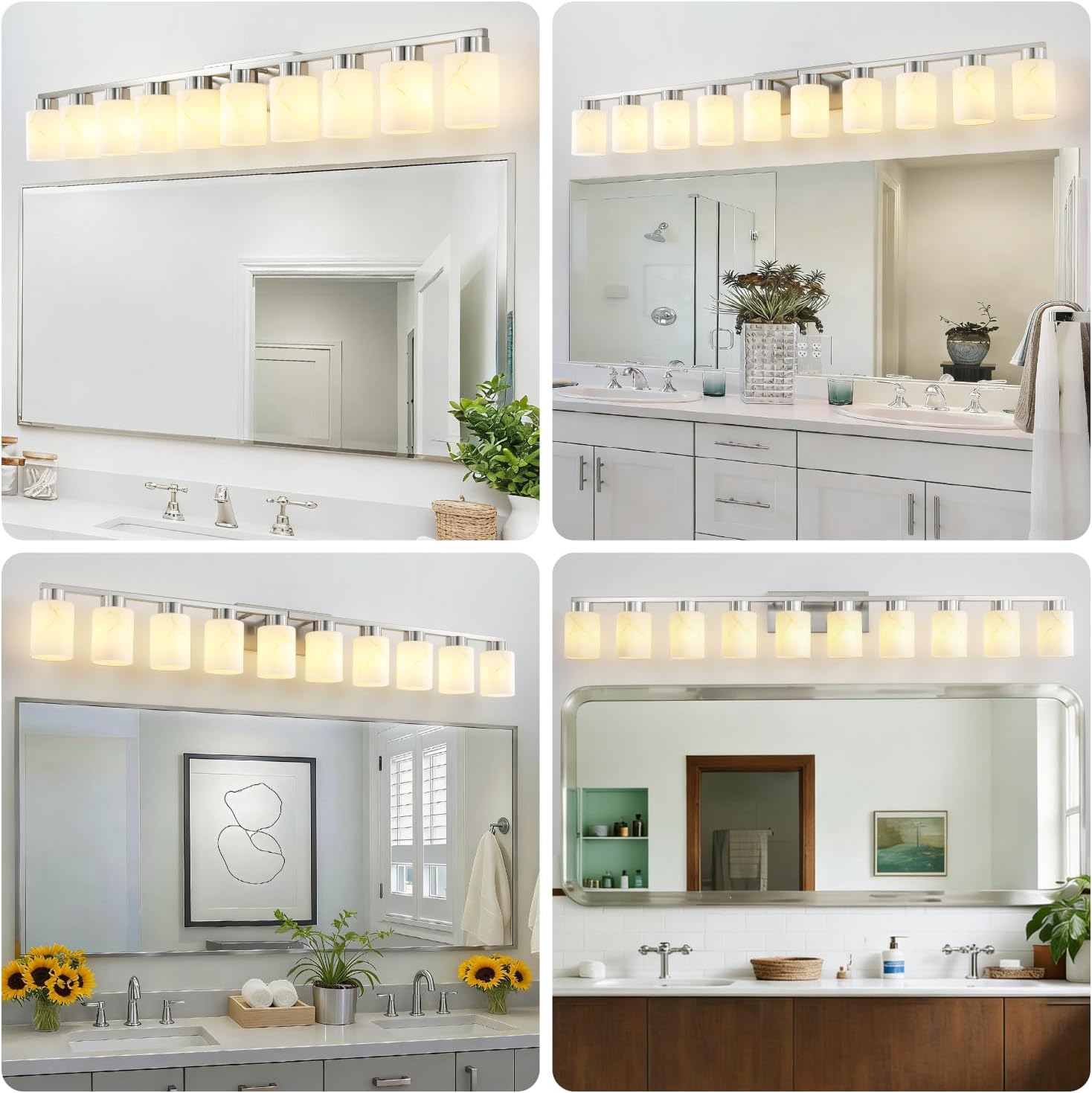 10-Light Bathroom Light Fixtures, Modern Vanity Lights, Brushed Nickel Metal Wall Lamp with White Marble Glass for Bathroom, Mirror, Living Room, Bedroom, Cabinet, Porch, Hallway, E26 Base