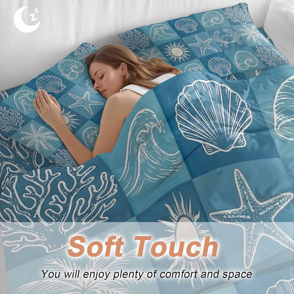 Prime Leader Blue Coastal Duvet Cover Set Queen Size 4 Pieces Summer Ocean Waves Shell Crab Coconut Tree Bedding Set with Zipper Closure, 1 Comforter Cover 92x106 Inches 1 Flat Sheet & 2 Pillow Cases
