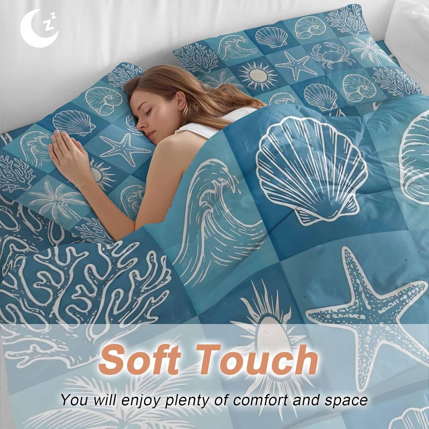 Prime Leader Blue Coastal Duvet Cover Set Queen Size 4 Pieces Summer Ocean Waves Shell Crab Coconut Tree Bedding Set with Zipper Closure, 1 Comforter Cover 92x106 Inches 1 Flat Sheet & 2 Pillow Cases