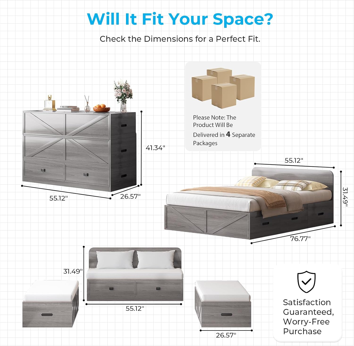 Mjkone Murphy Bed, Cabinet Beds Full Size with Mattress Included, 3-in-1 Convertible Sofa Furniture Sets, Hidden Chest Bed with Storage Drawers, Guest Sleeper Beds for Small Room, Apartment - Grey