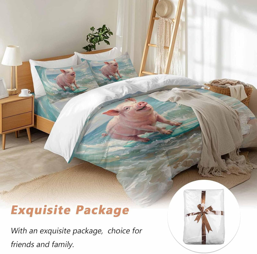 Summer Ocean Duvet Cover Set Queen Size 4 Pieces Watercolor Funny Pig Teal Surfboard Coastal Wave Bedding Set with Zipper Closure, 1 Comforter Cover 92x106 Inches 1 Flat Sheet & 2 Pillow Cases