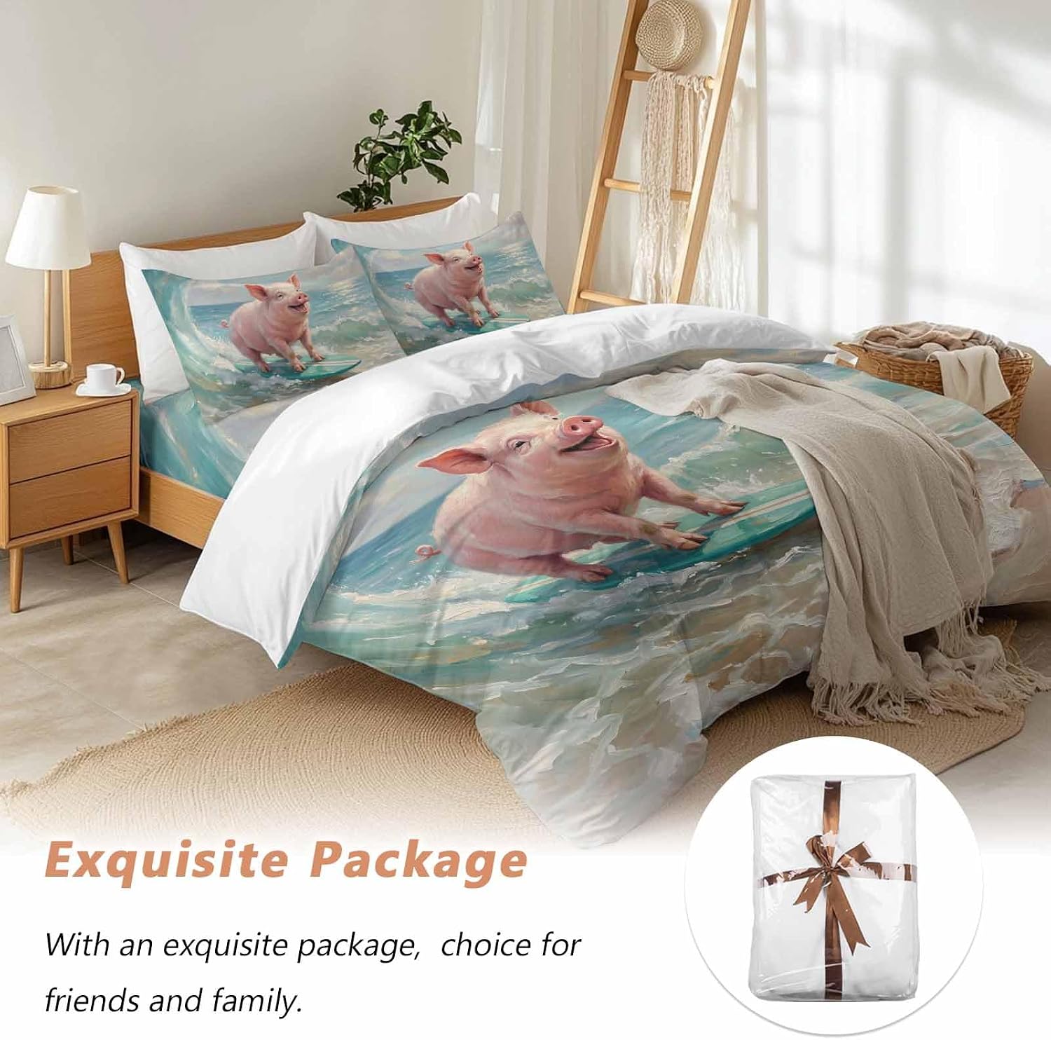 Summer Ocean Duvet Cover Set Queen Size 4 Pieces Watercolor Funny Pig Teal Surfboard Coastal Wave Bedding Set with Zipper Closure, 1 Comforter Cover 92x106 Inches 1 Flat Sheet & 2 Pillow Cases