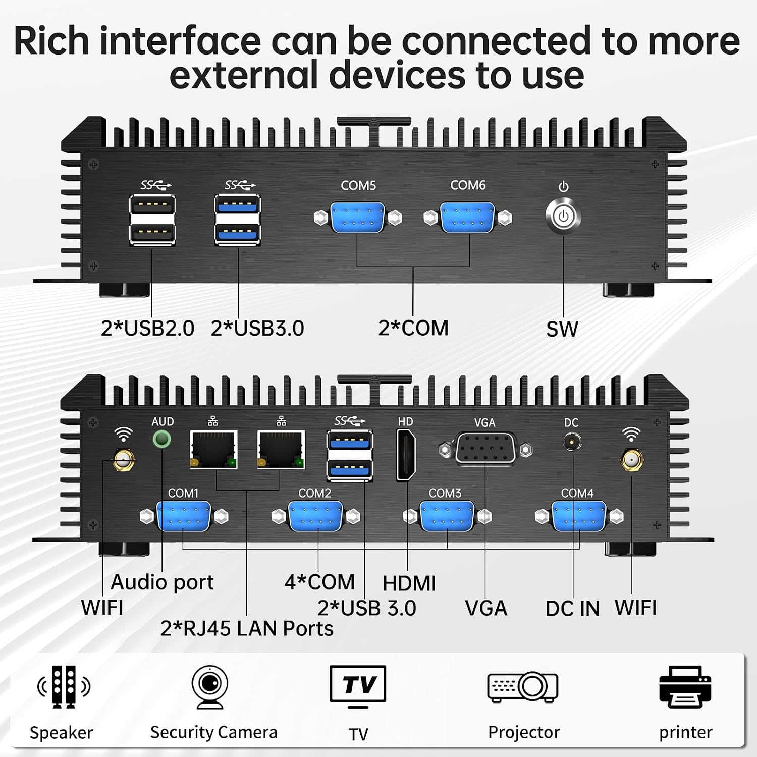 Industrial Mini PC, Fanless Desktop Computer Core i7-5500U 2.4-3.0GHz, Windows 10 Pro, 16GB RAM, 256GB SSD, 2xNICs, 6xCOM RS232, 4xUSB 3.0, HDMI/VGA Ports, Full Metal Case