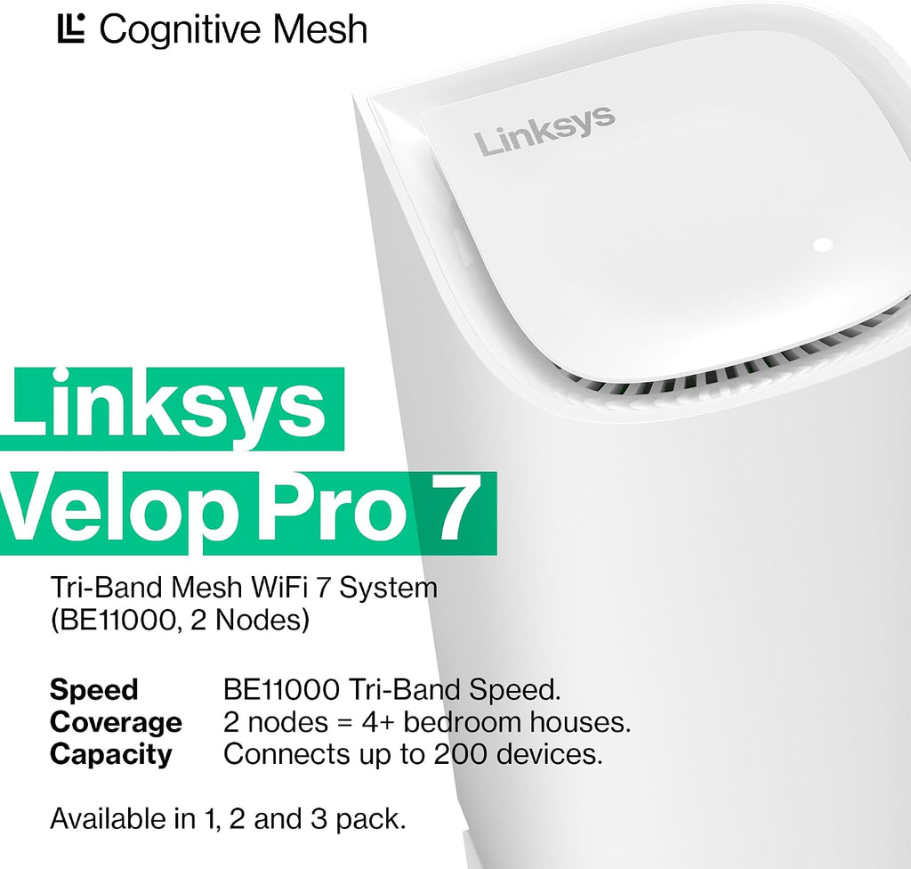 Linksys Velop Pro 7 WiFi Mesh System | Two Cognitive Mesh Tri-Band routers with Over 10 Gbps Speeds | Whole Home Coverage up to 6,000 sq. ft. | Connect 200+ Devices | 2 Pack MBE7002 | 2023 Release