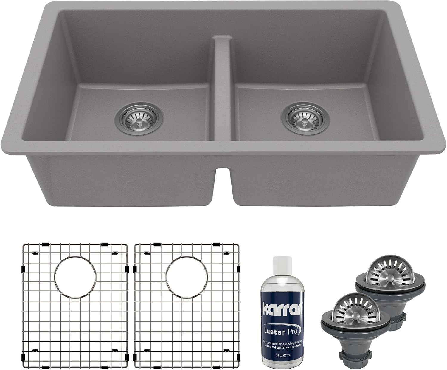 Karran QU-810 32' Undermount Double Equal Bowl Quartz Kitchen Sink Kit in Grey