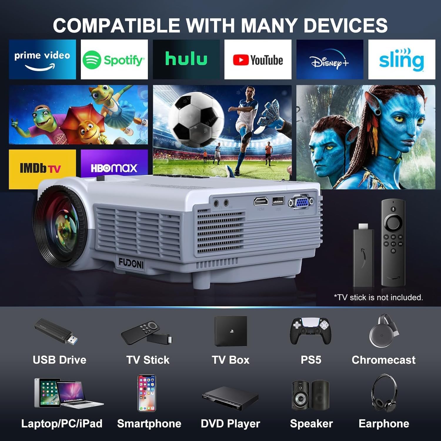 FUDONI Projector with 5G WiFi & Bluetooth, Native 1080P 18000L Portable Movie Projector for Home Theater Outdoor, Built-in Speaker, Compatible with HDMI, USB, AV, Fire Stick, Laptop, iOS, Android, PS5