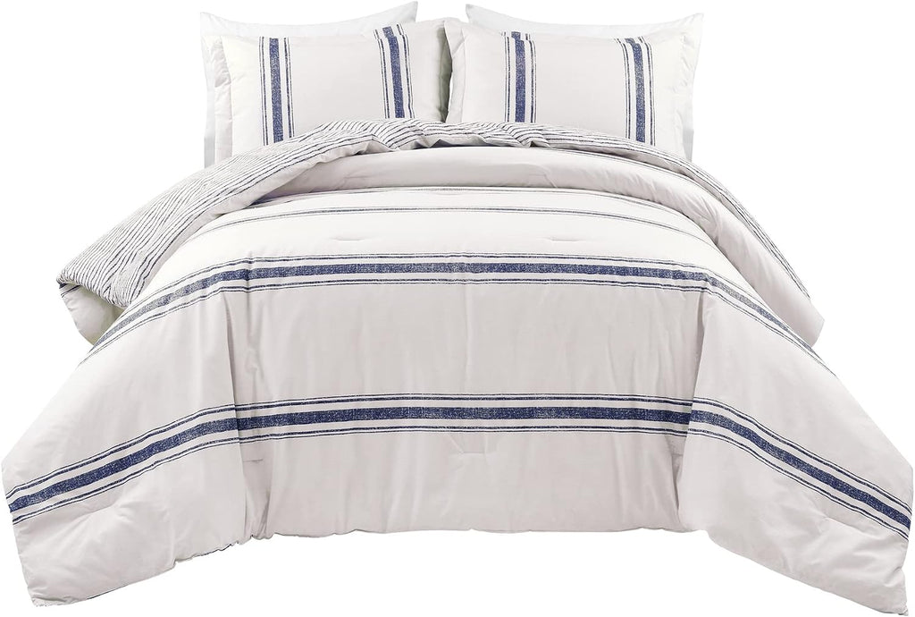 Lush Decor Farmhouse Stripe Reversible Cotton Comforter Set, 3 Piece Set, Full/ Queen, Navy - Cozy Farmhouse Bedding Set - Rustic Decor - Striped Comforter - Modern Farmhouse Bedroom Decor