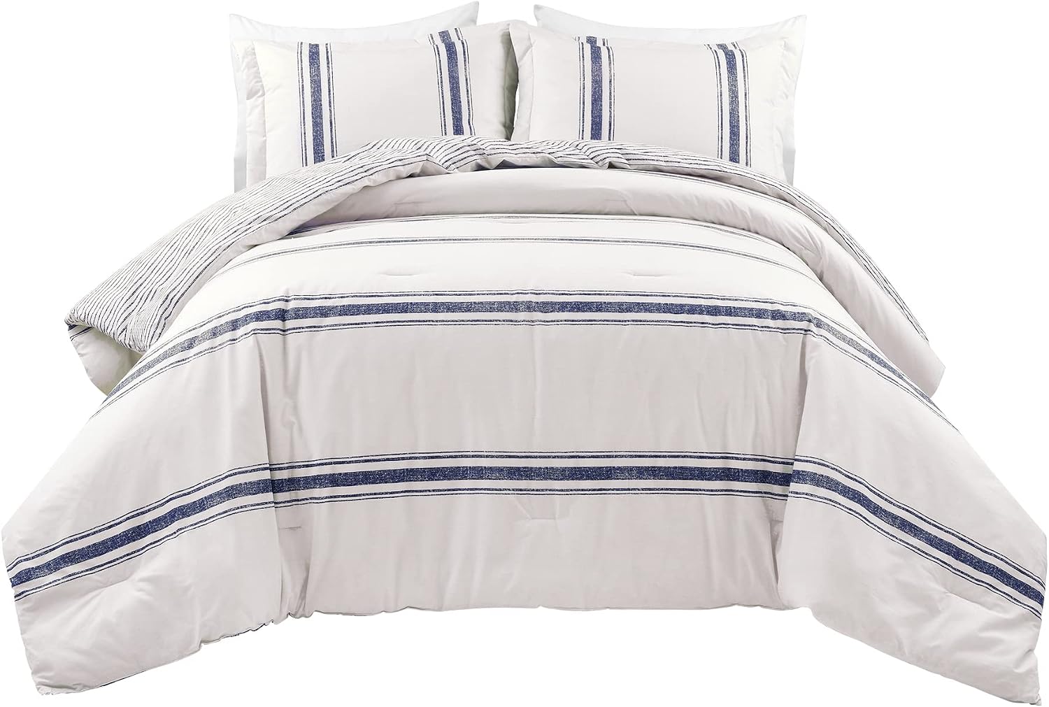 Lush Decor Farmhouse Stripe Reversible Cotton Comforter Set, 3 Piece Set, Full/ Queen, Navy - Cozy Farmhouse Bedding Set - Rustic Decor - Striped Comforter - Modern Farmhouse Bedroom Decor