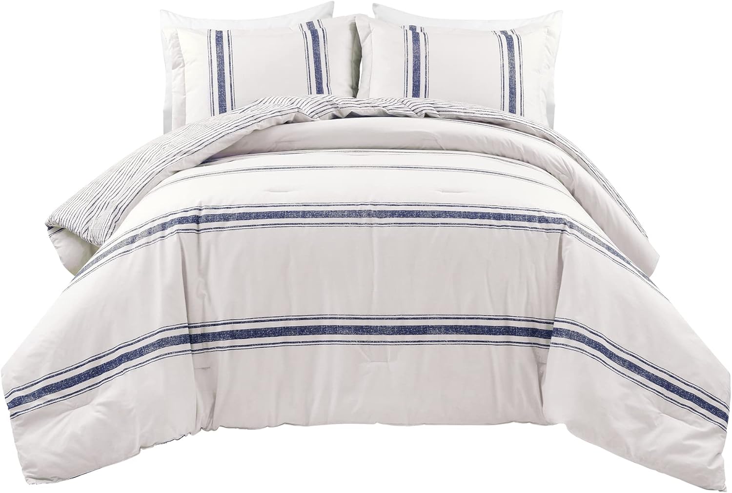 Lush Decor Farmhouse Stripe Reversible Cotton Comforter Set, 3 Piece Set, California King, Navy - Cozy Farmhouse Bedding Set - Rustic Decor - Striped Comforter - Modern Farmhouse Bedroom Decor