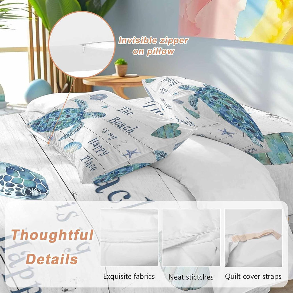 Blue Sea Turtle Duvet Cover Set Queen Size 4 Pieces Beach Happy Place Seashell Starfish Retro Wood Grain Bedding Set with Zipper Closure, 1 Comforter Cover 92x106 Inches 1 Flat Sheet & 2 Pillow Cases