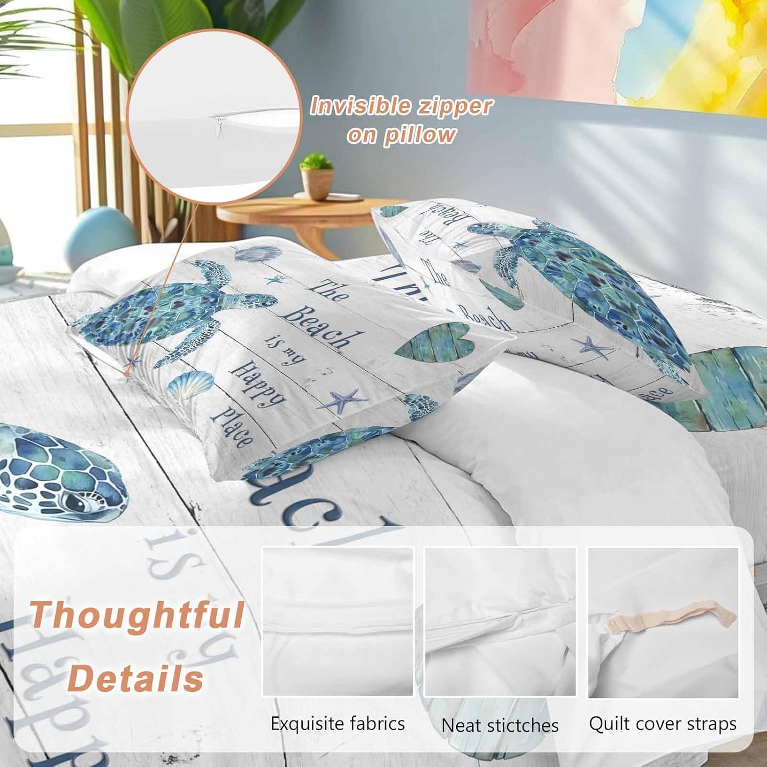 Blue Sea Turtle Duvet Cover Set Queen Size 4 Pieces Beach Happy Place Seashell Starfish Retro Wood Grain Bedding Set with Zipper Closure, 1 Comforter Cover 92x106 Inches 1 Flat Sheet & 2 Pillow Cases